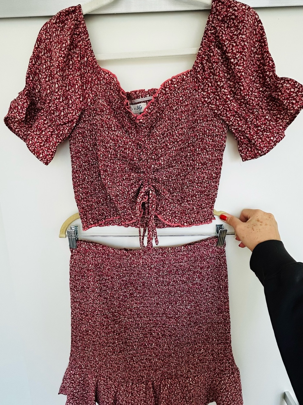 She + Sky Red Floral Smocked Crop Top & Skirt Set